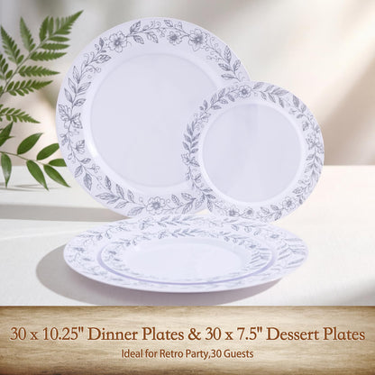 Blue Floral Plastic Plates, 60 Pieces