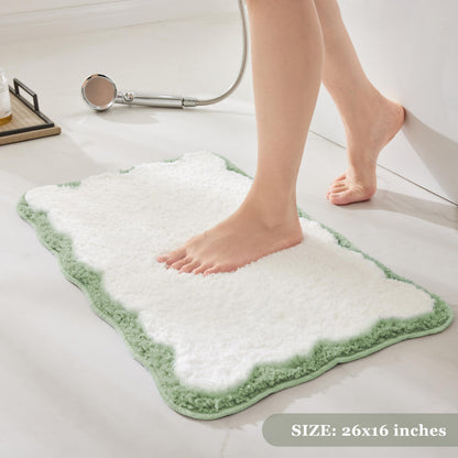White Scalloped Bath Mat with Blue Piping