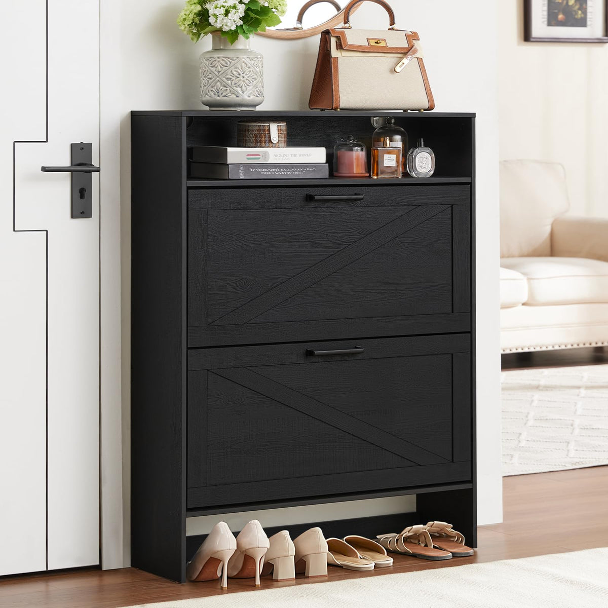 Blue Narrow Shoe Cabinet with 2 Flip Drawers
