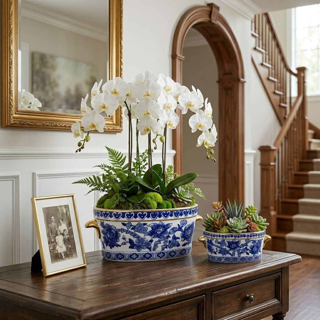Blue Floral Oval Ceramic Cachepot, 10.6 in