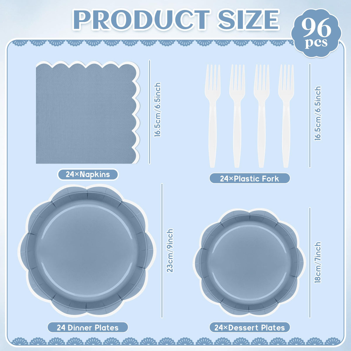 Blue Scalloped Paper Plates and Napkins, Serves 24