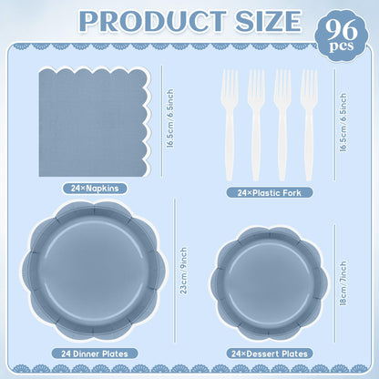 Blue Scalloped Paper Plates and Napkins, Serves 24