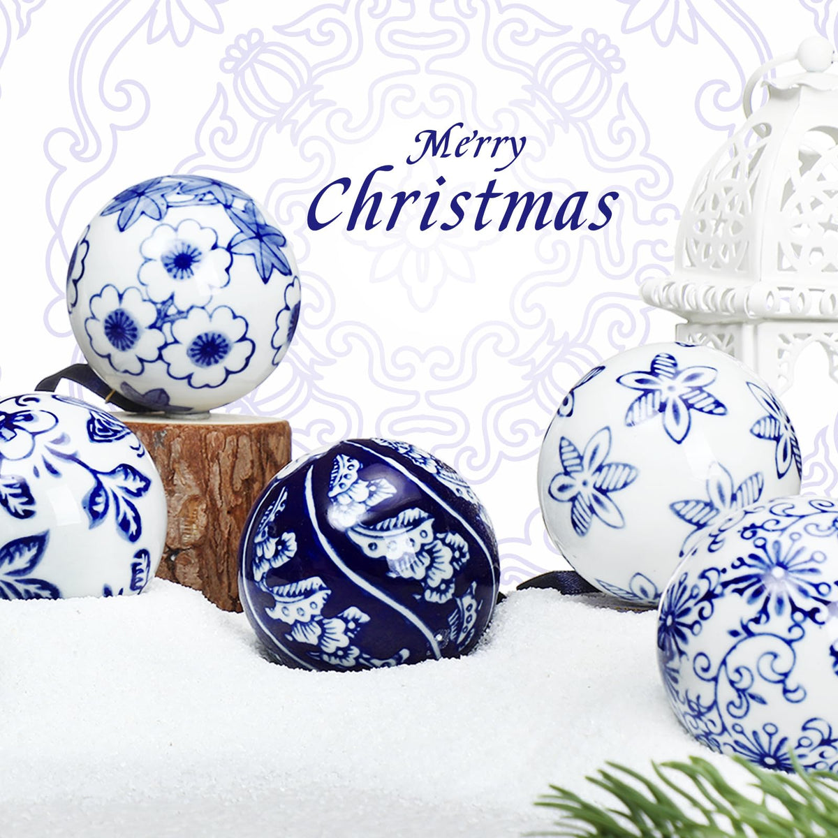 Blue and White Porcelain Christmas Balls, Set of 6 or 12