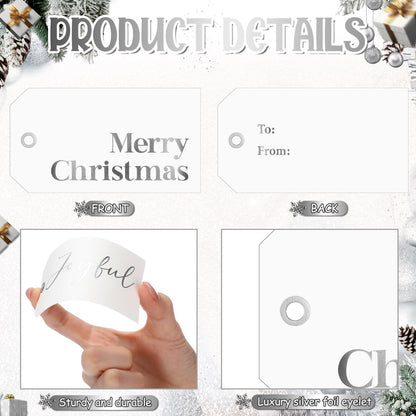 Christmas Gift Tags with Ribbon, 100 Pack, Blue and Silver