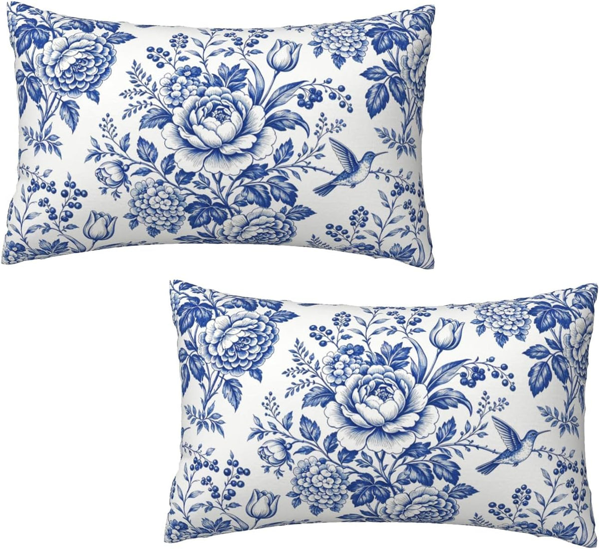 Blue and White Chinoiserie Floral Lumbar Covers, 12x20, Set of 2