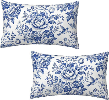 Blue and White Chinoiserie Floral Lumbar Covers, 12x20, Set of 2