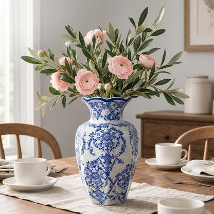 Blue and White Octagon Ceramic Vase, 2 Sizes