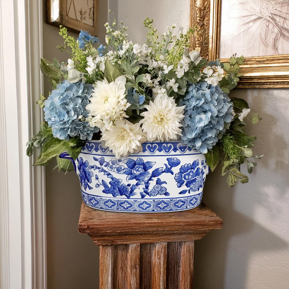 Blue Floral Oval Ceramic Cachepot, 10.6 in