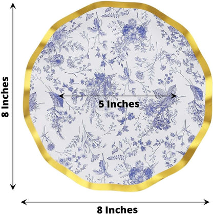 Blue and White Chinoiserie Dessert Plates with Gold Rim, 25 Pack