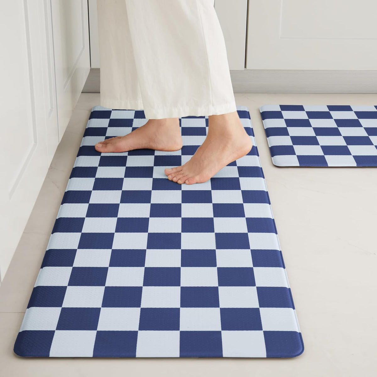 Navy Checkered Kitchen Mats, Set of 2