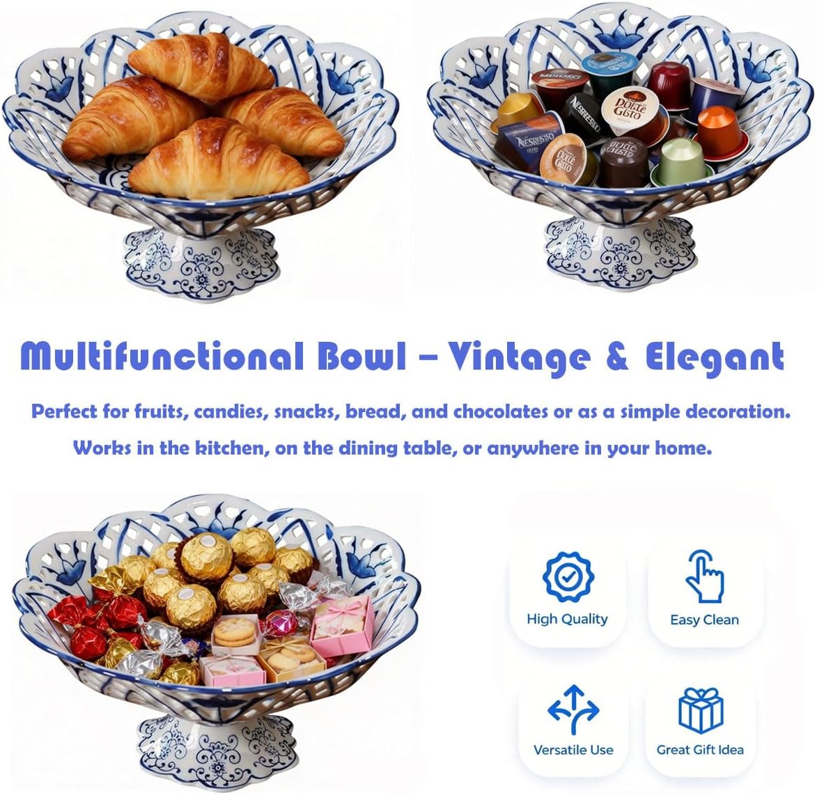 Blue and White Chinoiserie Footed Serving Bowl