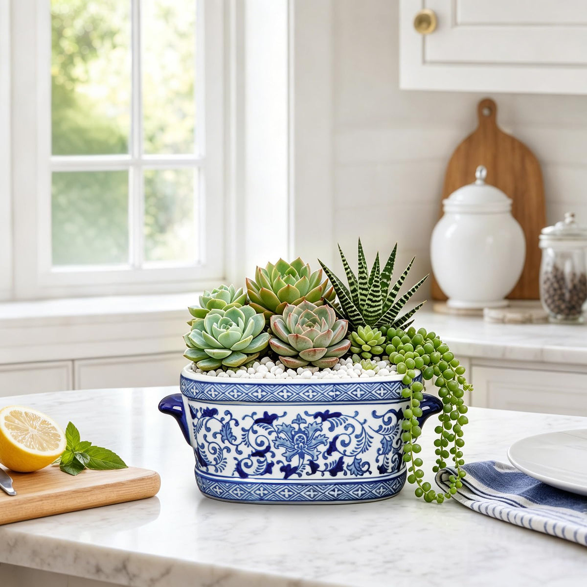 Blue Floral Oval Ceramic Cachepot, 10.6 in