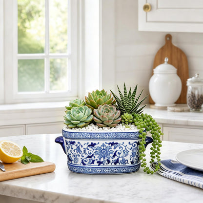 Blue Floral Oval Ceramic Cachepot, 10.6 in