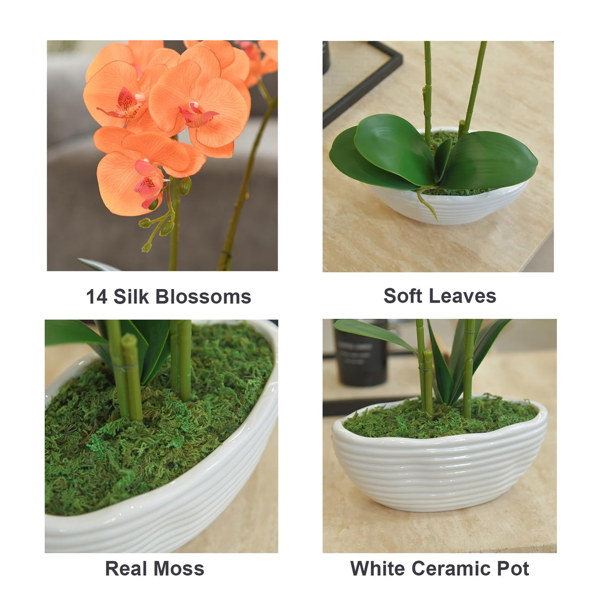 Faux Orchid in Navy Ribbed Ceramic Pot