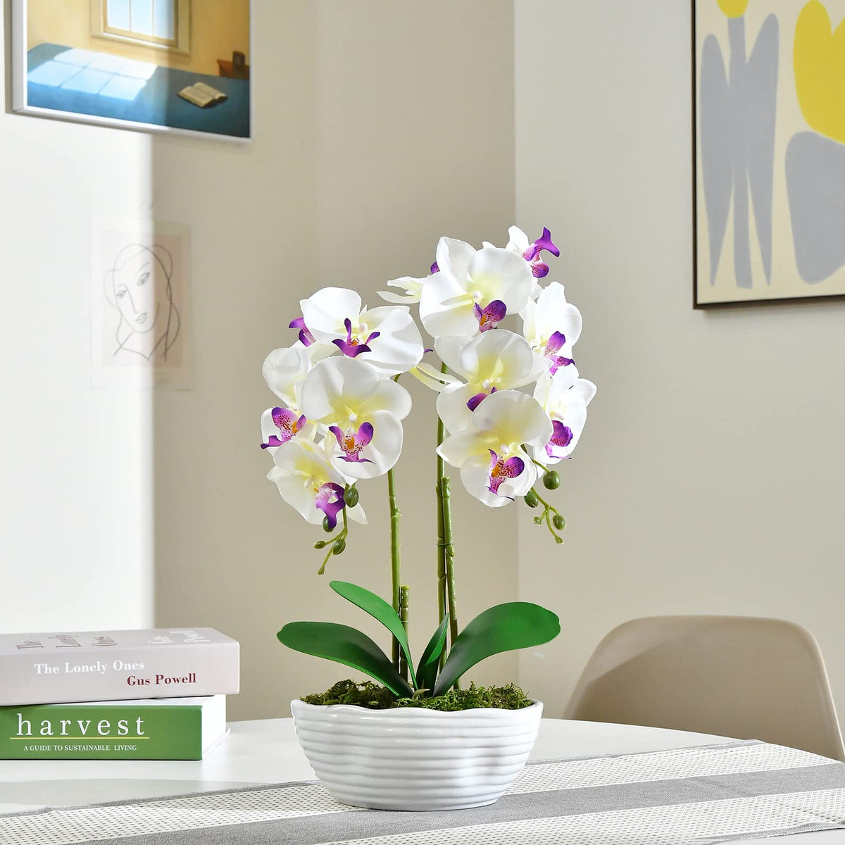Faux Orchid in Navy Ribbed Ceramic Pot
