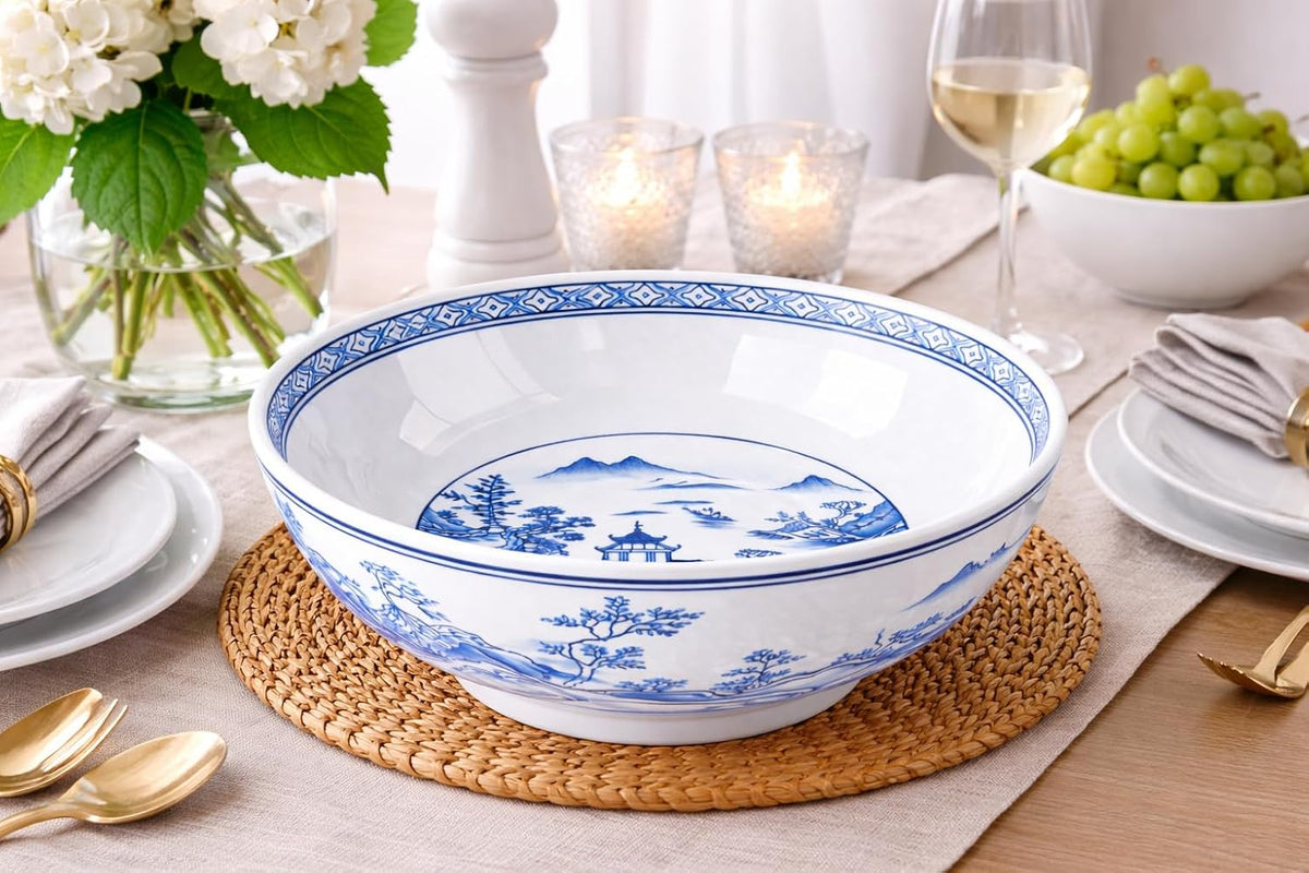 Blue and White Chinese Landscape Centerpiece Bowl, 12 Inch
