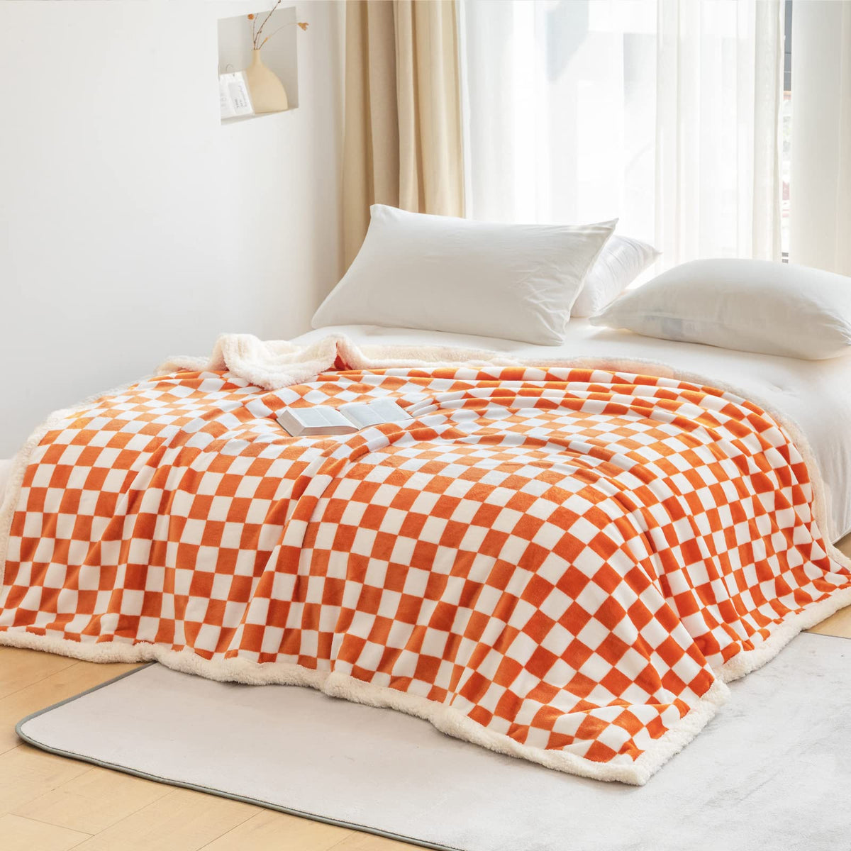 Navy Checkered Sherpa Throw Blanket