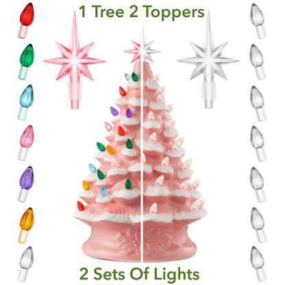 Hand Painted Ceramic Christmas Tree, 15 Inch Pre-Lit