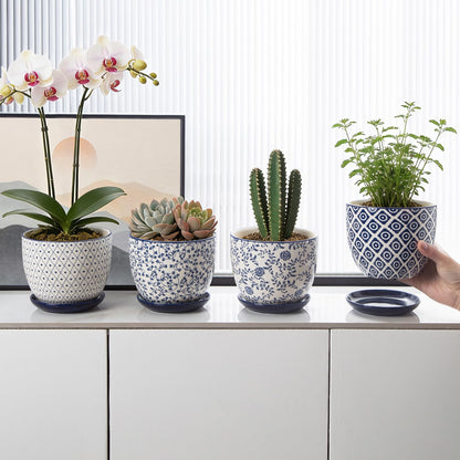 Vintage Blue Succulent Pots with Saucers, Set of 4