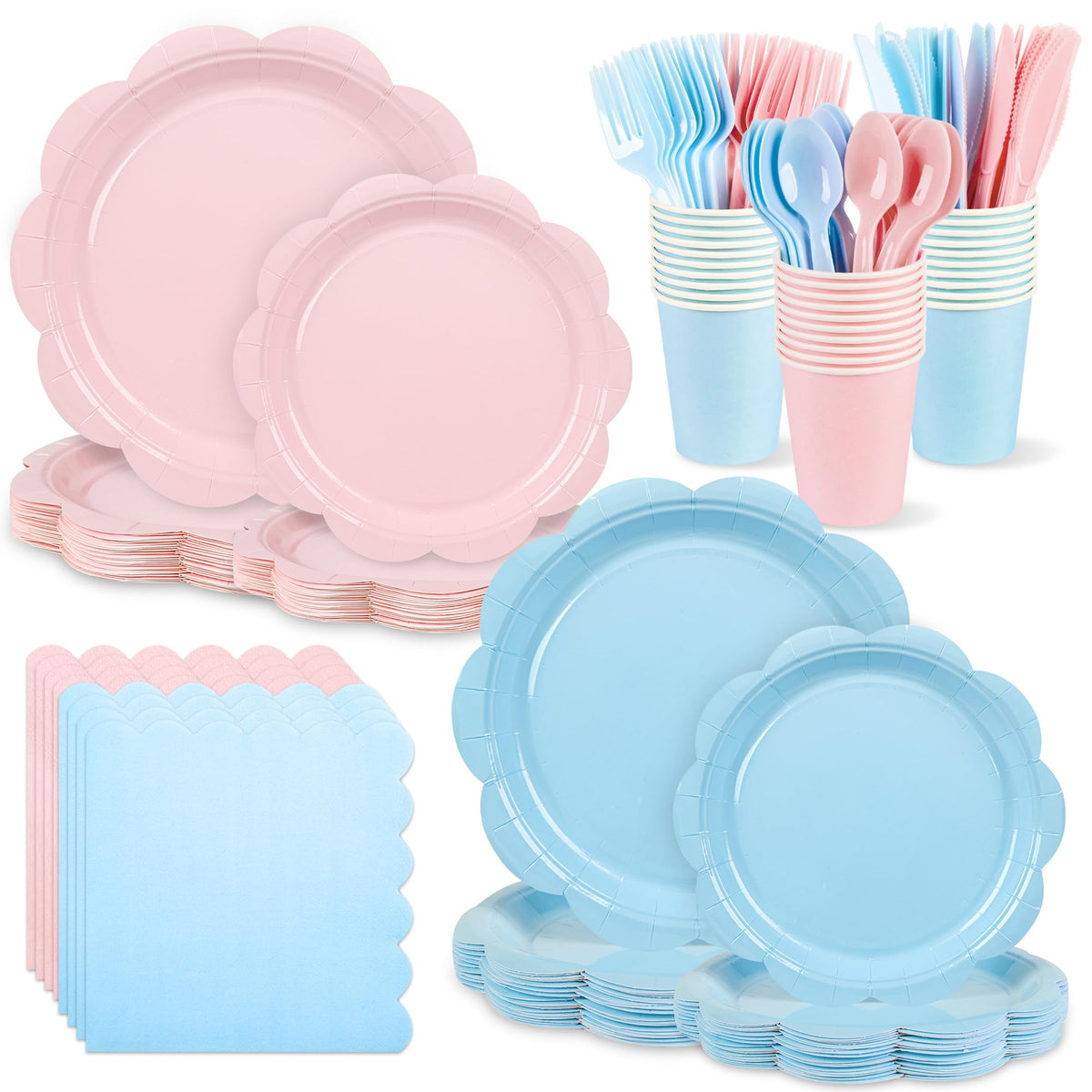 Blue Scalloped Paper Plates and Napkins, Serves 24