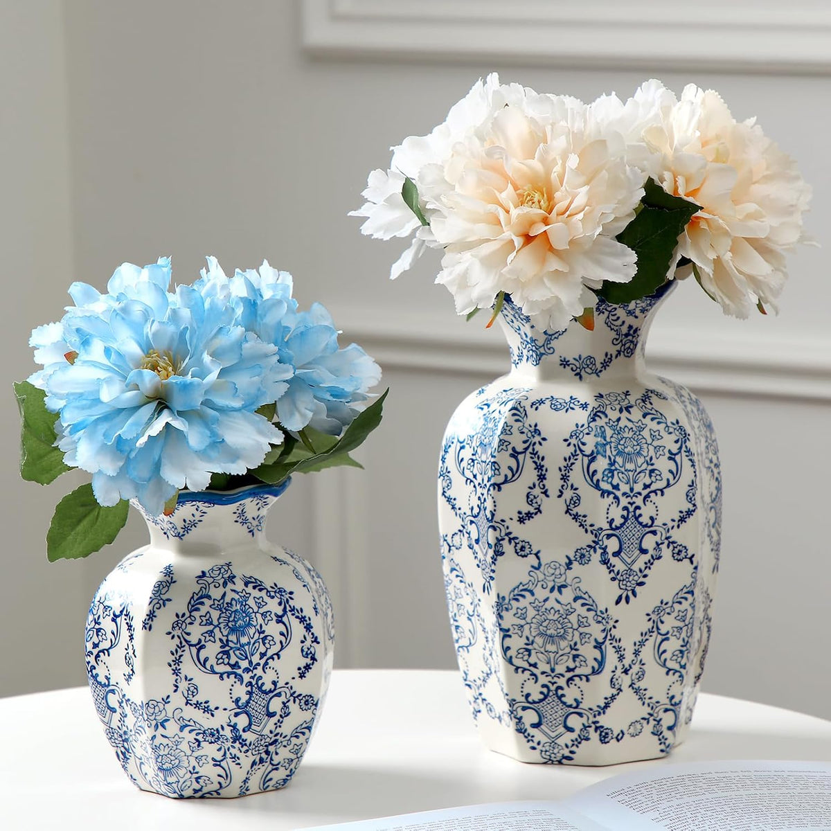 Set of 2 Blue and White Chinoiserie Vases