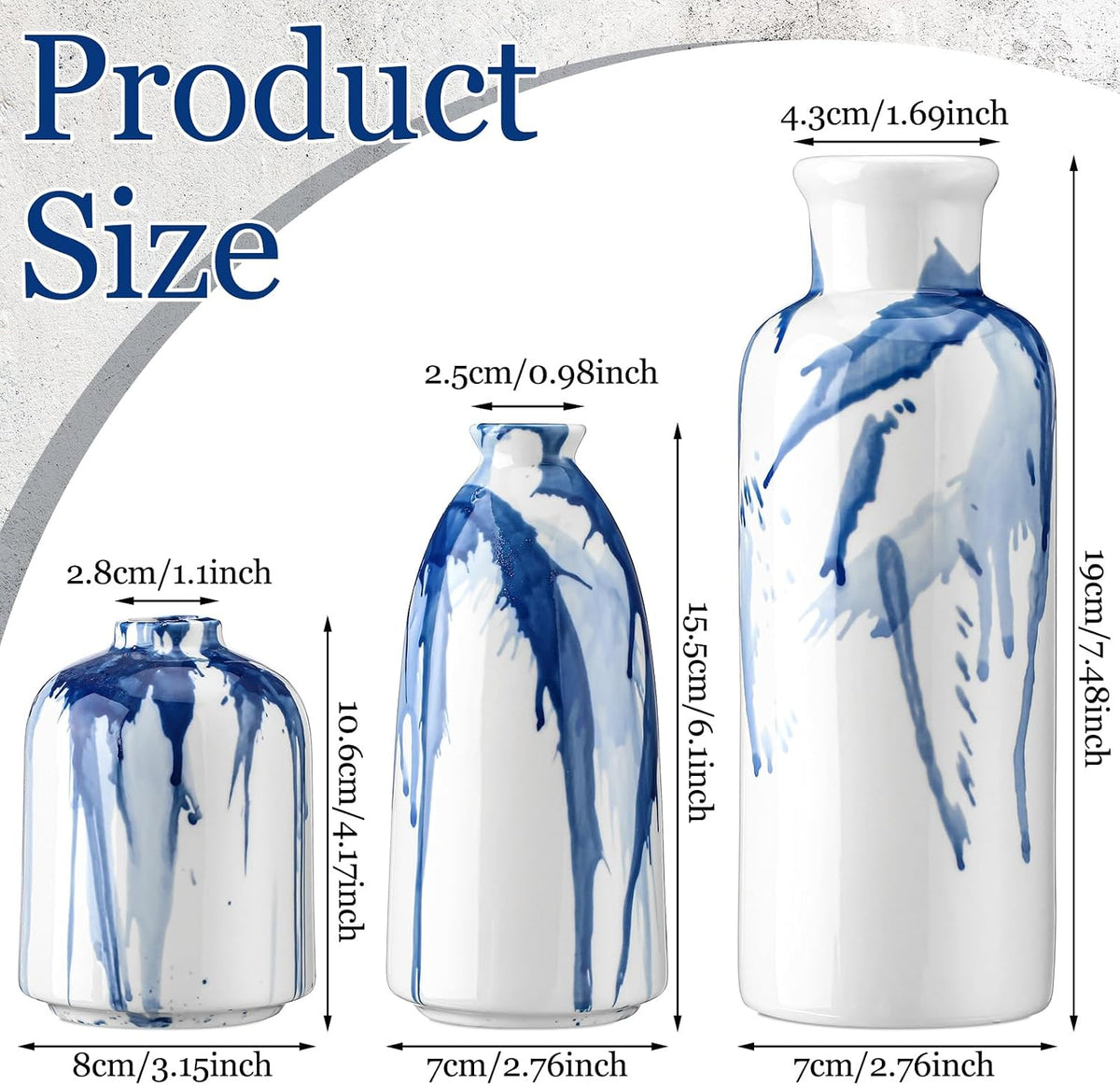 Blue and White Ink Splash Vases, Set of 3