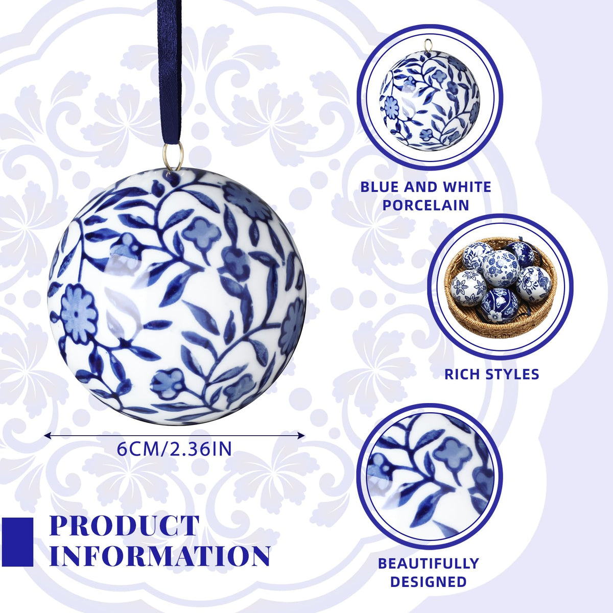 Blue and White Porcelain Christmas Balls, Set of 6 or 12
