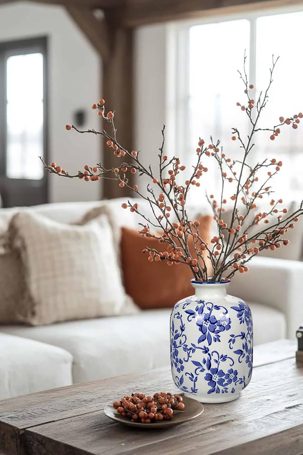 Hollyone Blue and White Chinoiserie Bottle Vase, 7 Inch