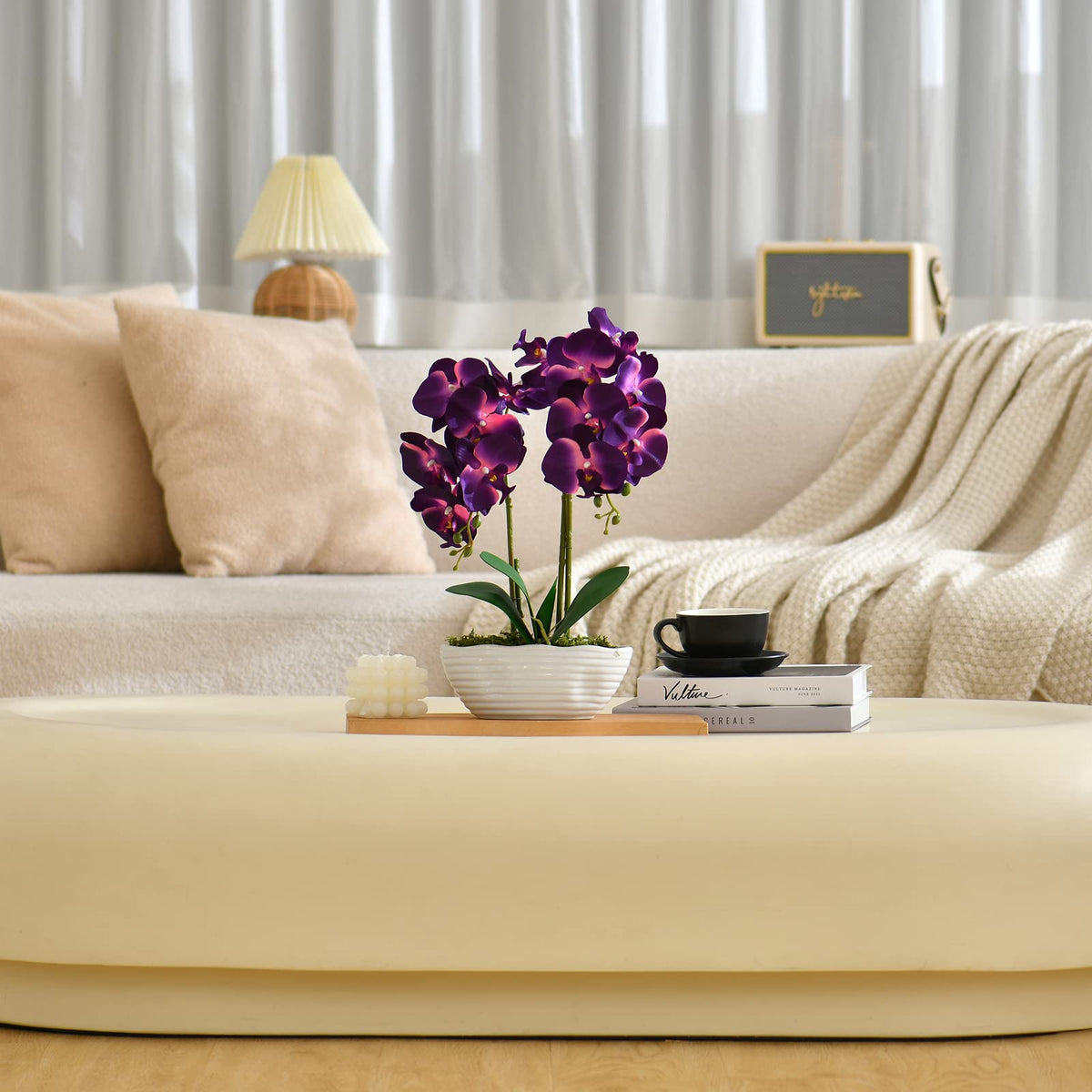 Faux Orchid in Navy Ribbed Ceramic Pot