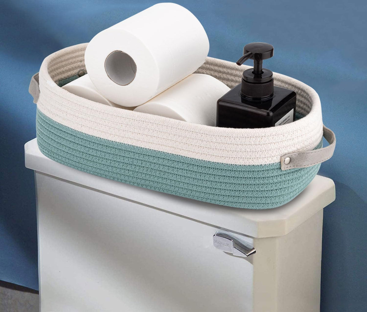 Woven Cotton Rope Toilet Tank Basket, Navy and White
