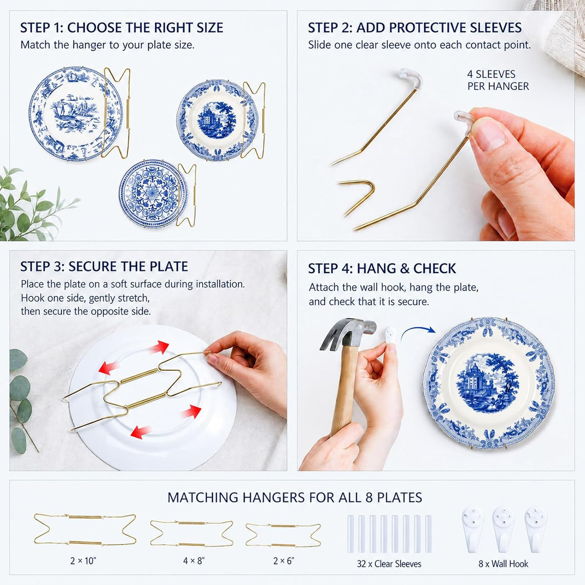 Blue and White Ceramic Wall Plates with Hangers, Set of 8