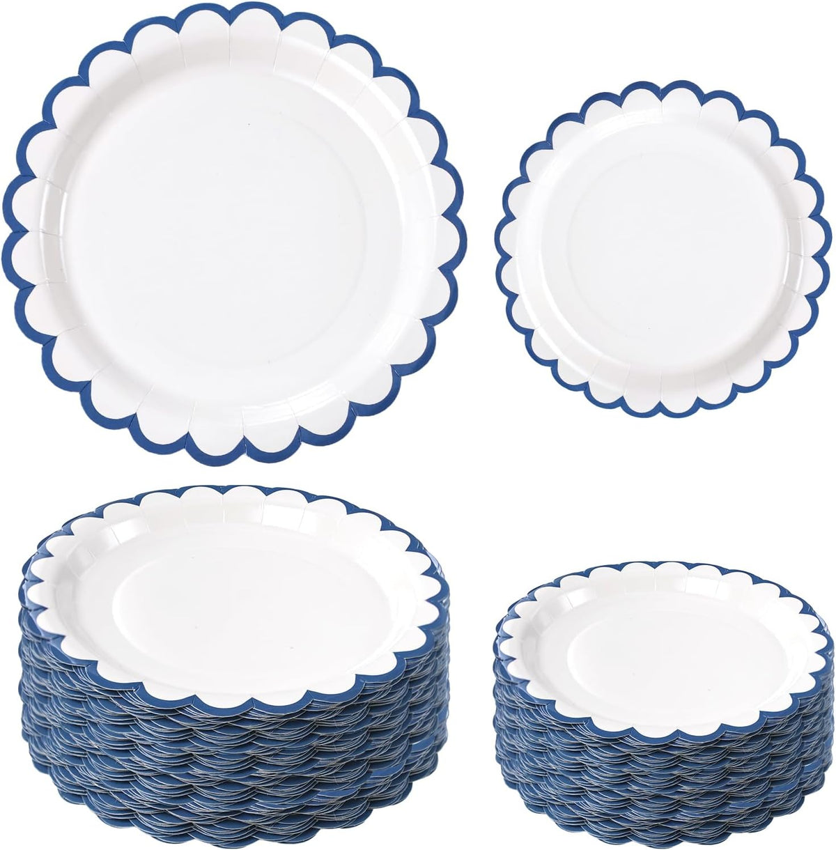 White Scalloped Paper Plates, Royal Blue Trim, 50 Pack