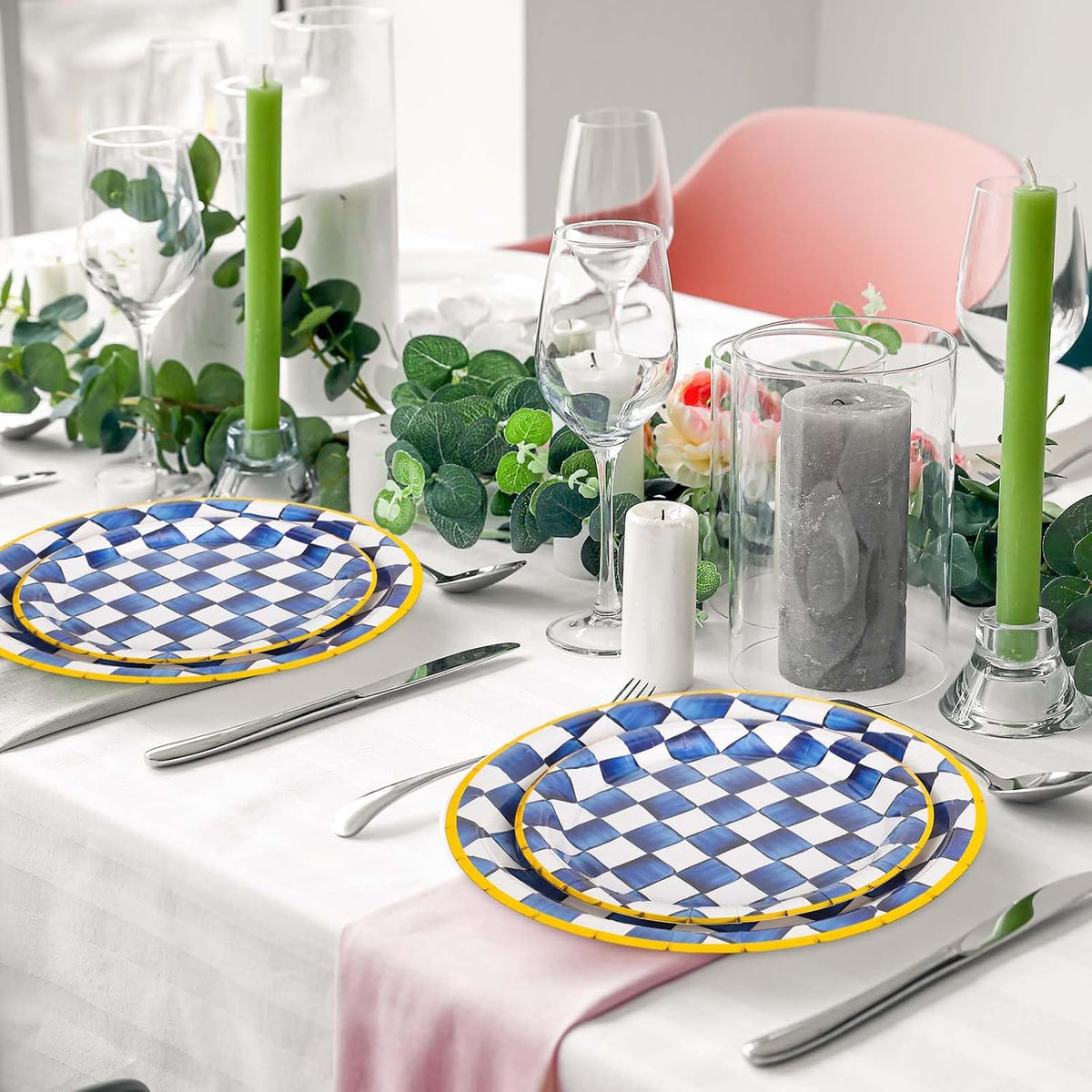 Blue and White Plaid Paper Plates, 48 Pieces