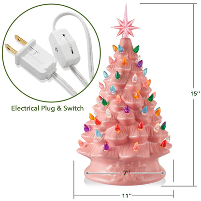 Hand Painted Ceramic Christmas Tree, 15 Inch Pre-Lit