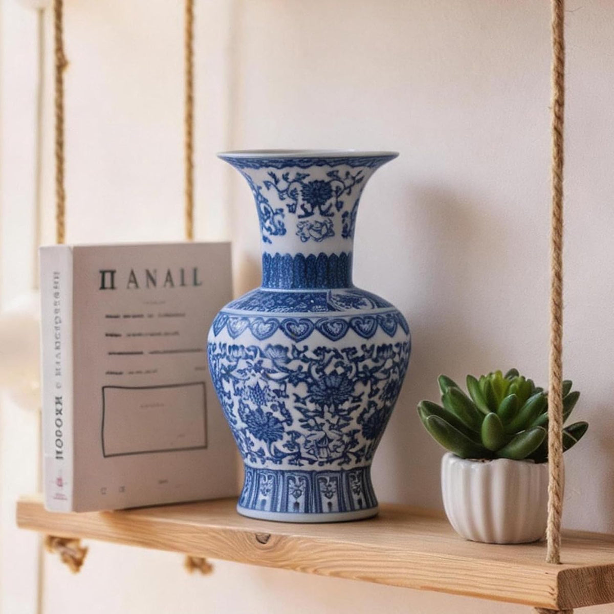 Blue and White Chinoiserie Trumpet Vase, 10 Inch