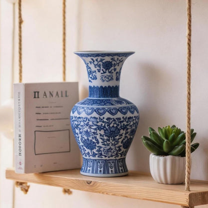 Blue and White Chinoiserie Trumpet Vase, 10 Inch