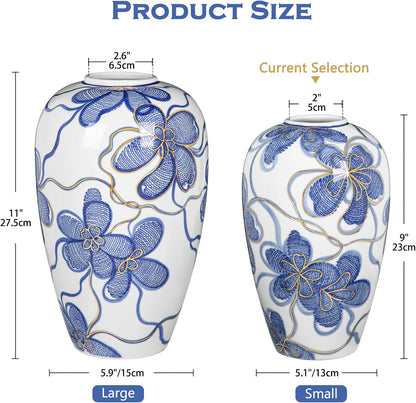 Hand-Painted Blue and White Vase with Gold Accents