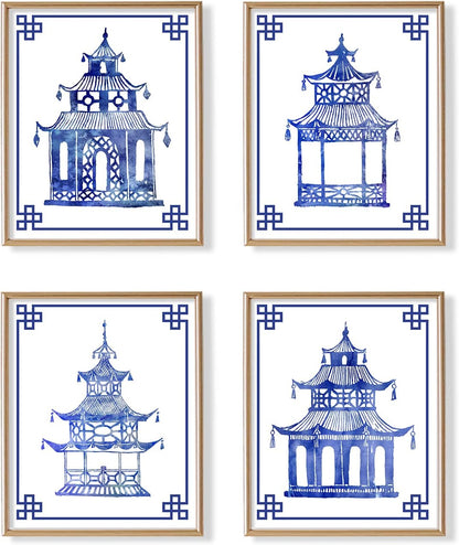 Blue and White Chinoiserie Pavilion Prints, Set of 4