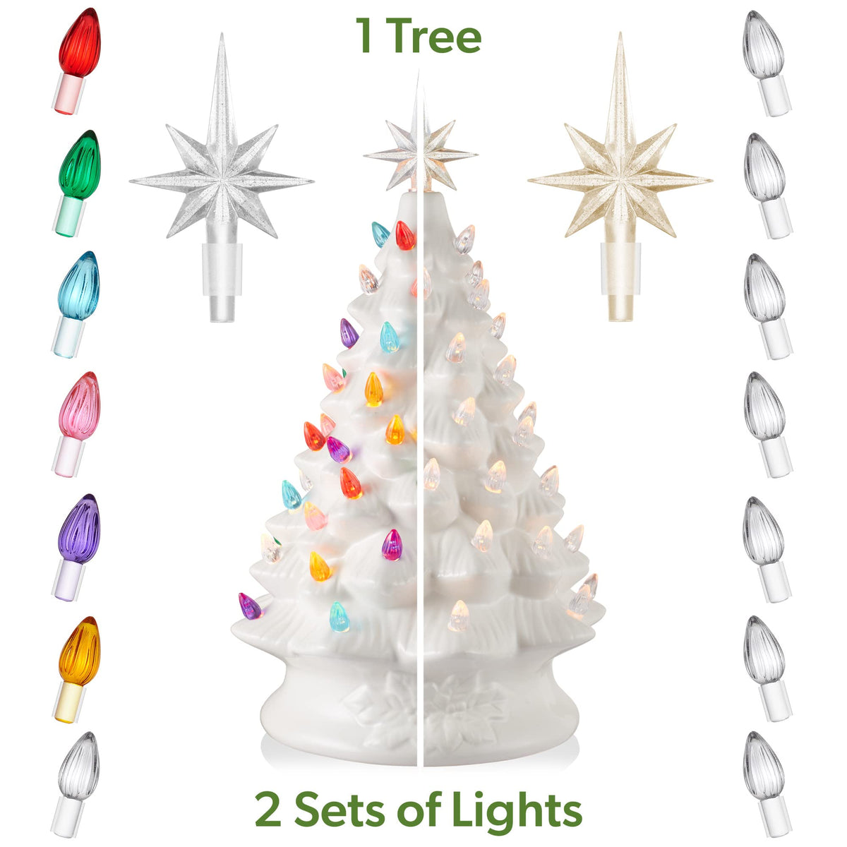 Hand Painted Ceramic Christmas Tree, 15 Inch Pre-Lit