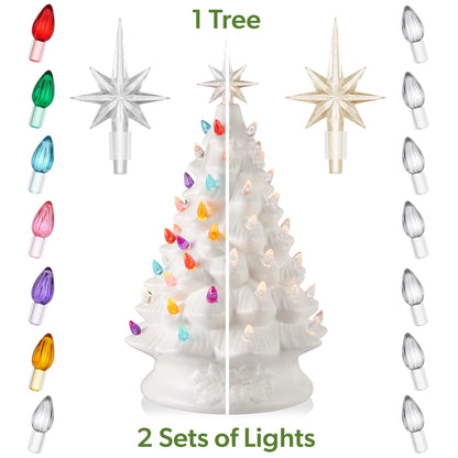 Hand Painted Ceramic Christmas Tree, 15 Inch Pre-Lit