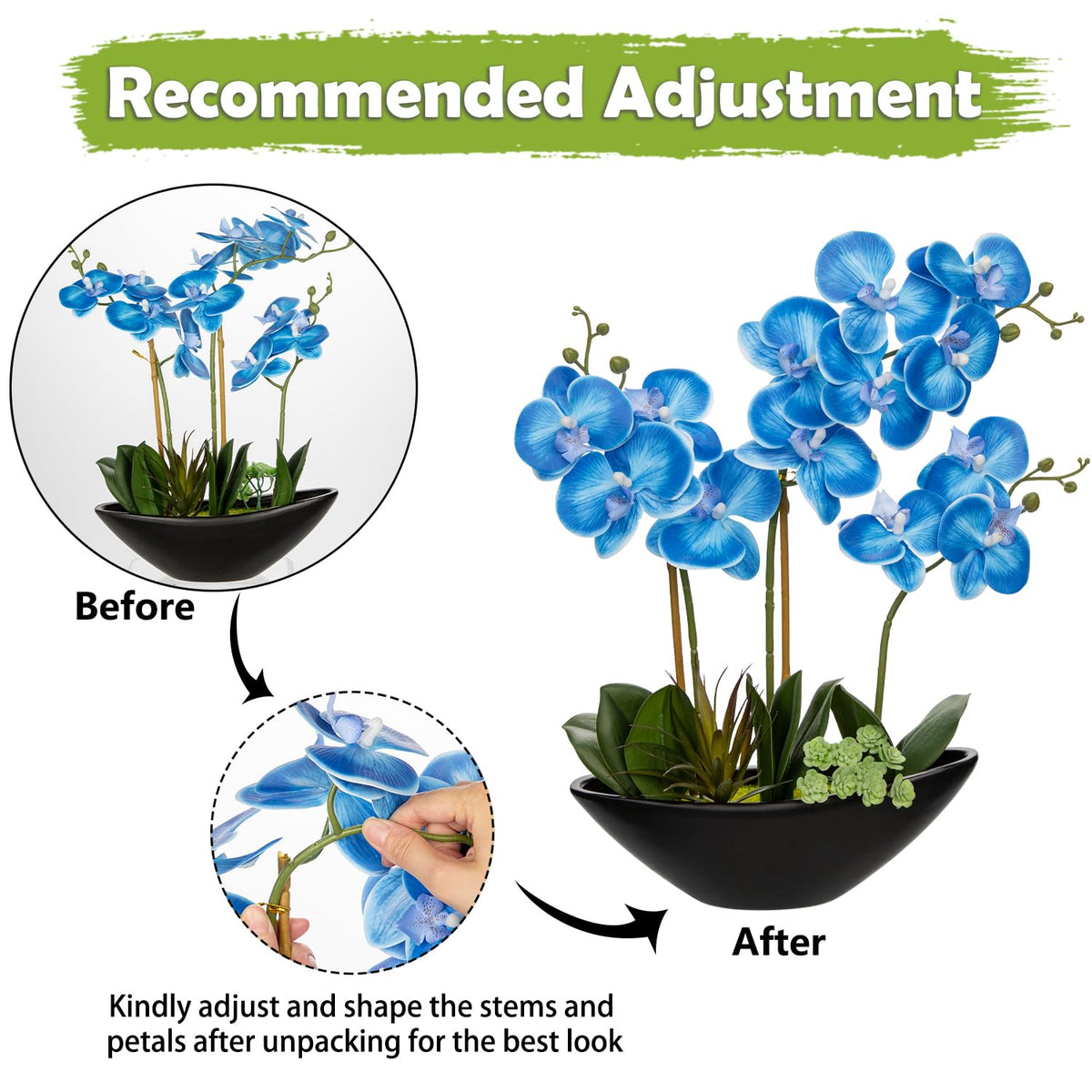 Briful Faux Orchid in Blue and White Boat Vase