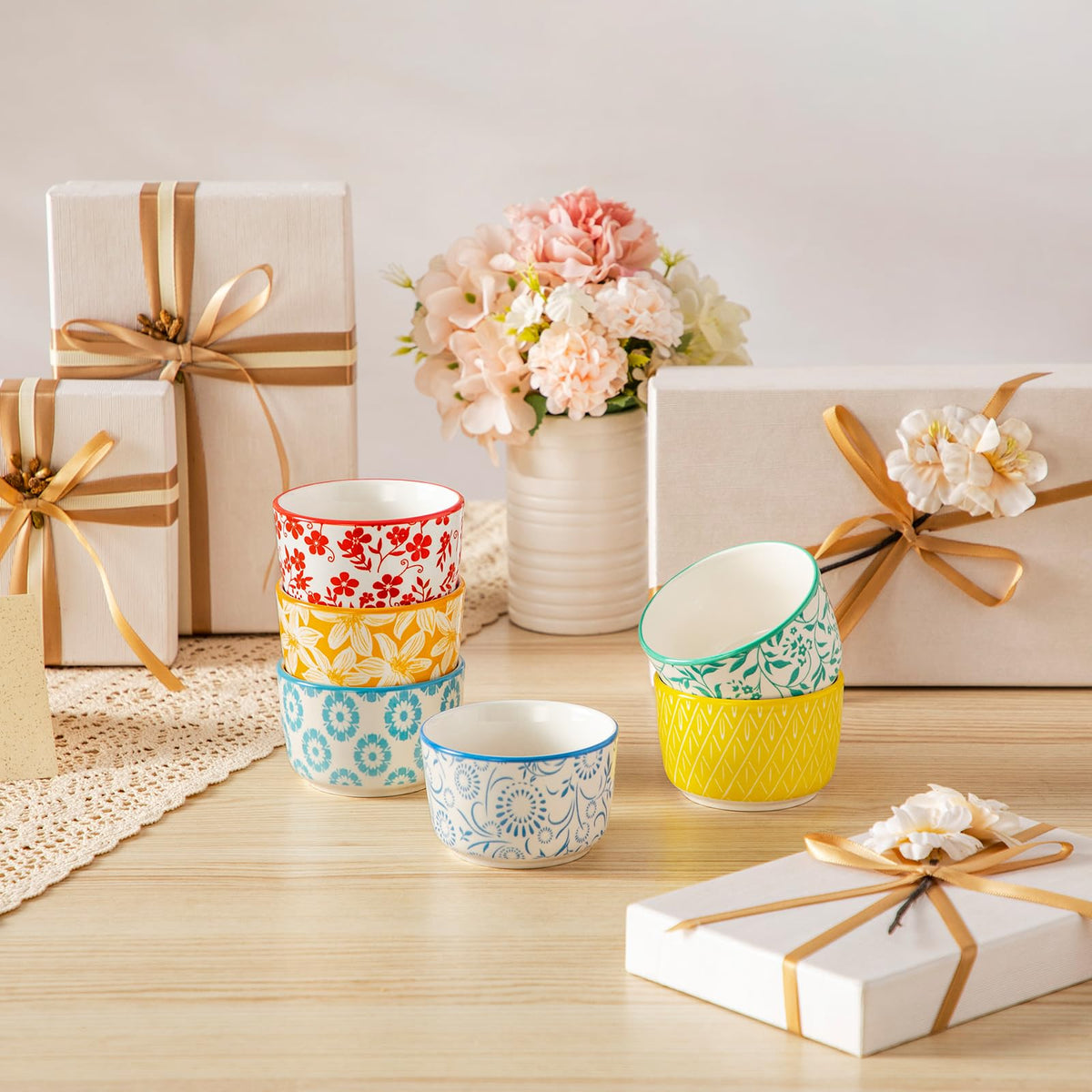 Floral Ceramic Ramekins, Set of 6