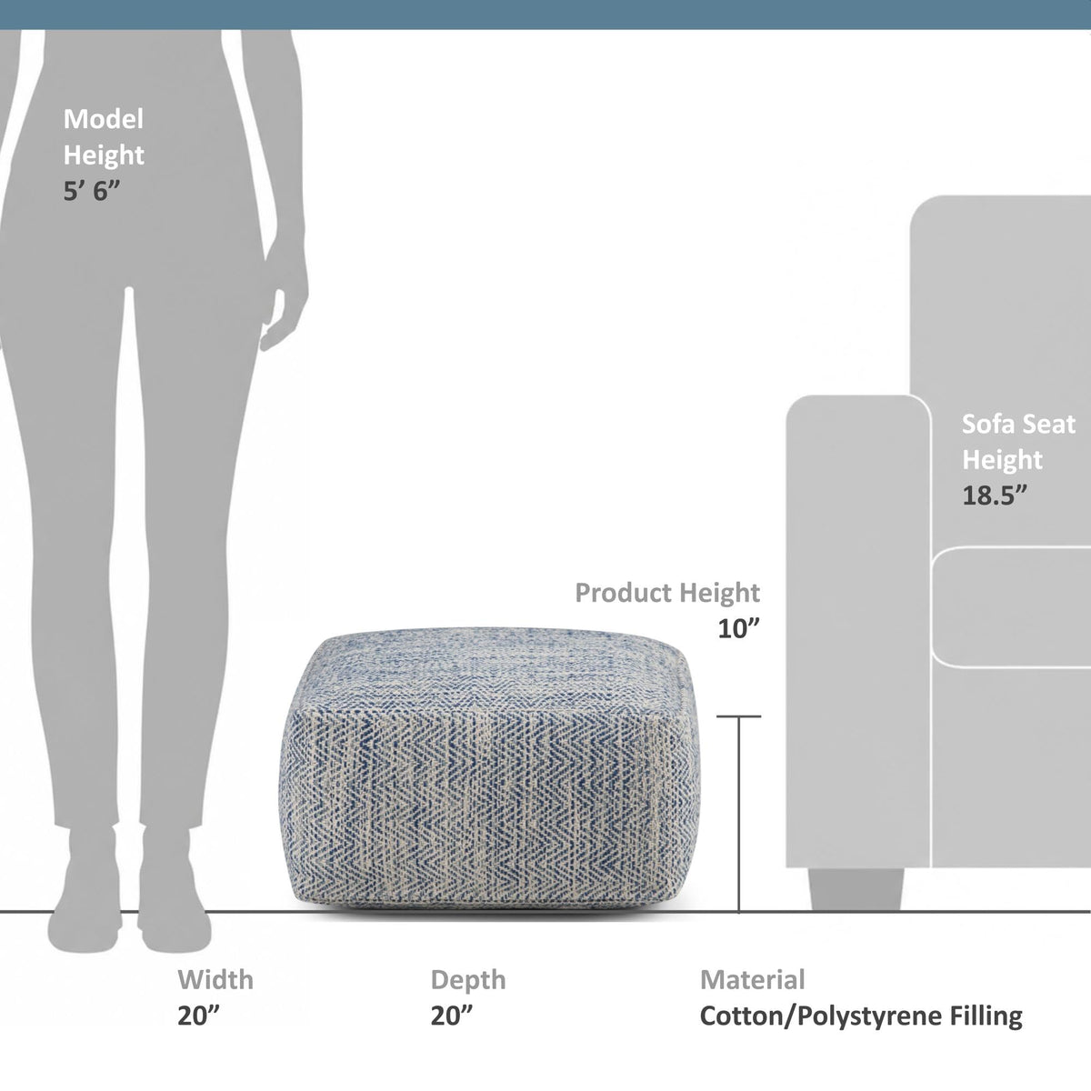 Simpli Home Cowan Blue Wool Square Pouf