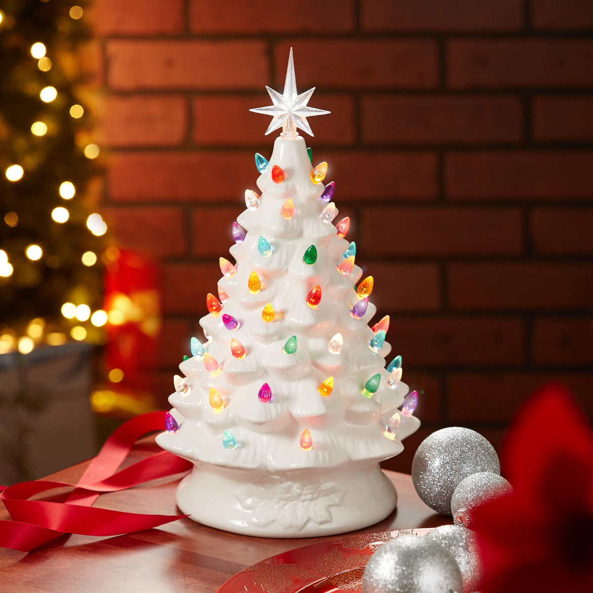 Hand Painted Ceramic Christmas Tree, 15 Inch Pre-Lit