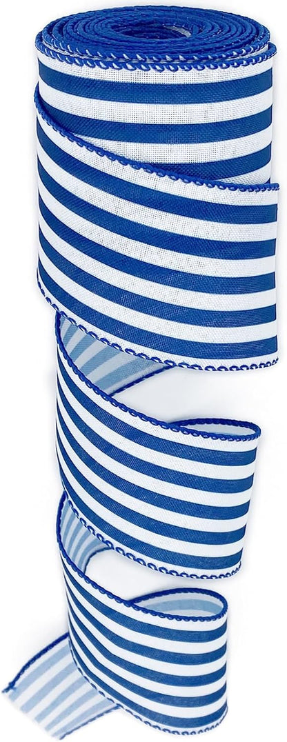 Royal Blue and White Striped Wired Ribbon, 2.5 Inch