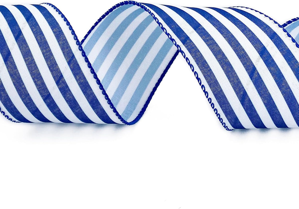 Royal Blue and White Striped Wired Ribbon, 2.5 Inch