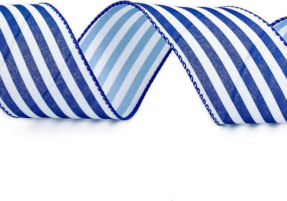 Royal Blue and White Striped Wired Ribbon, 2.5 Inch