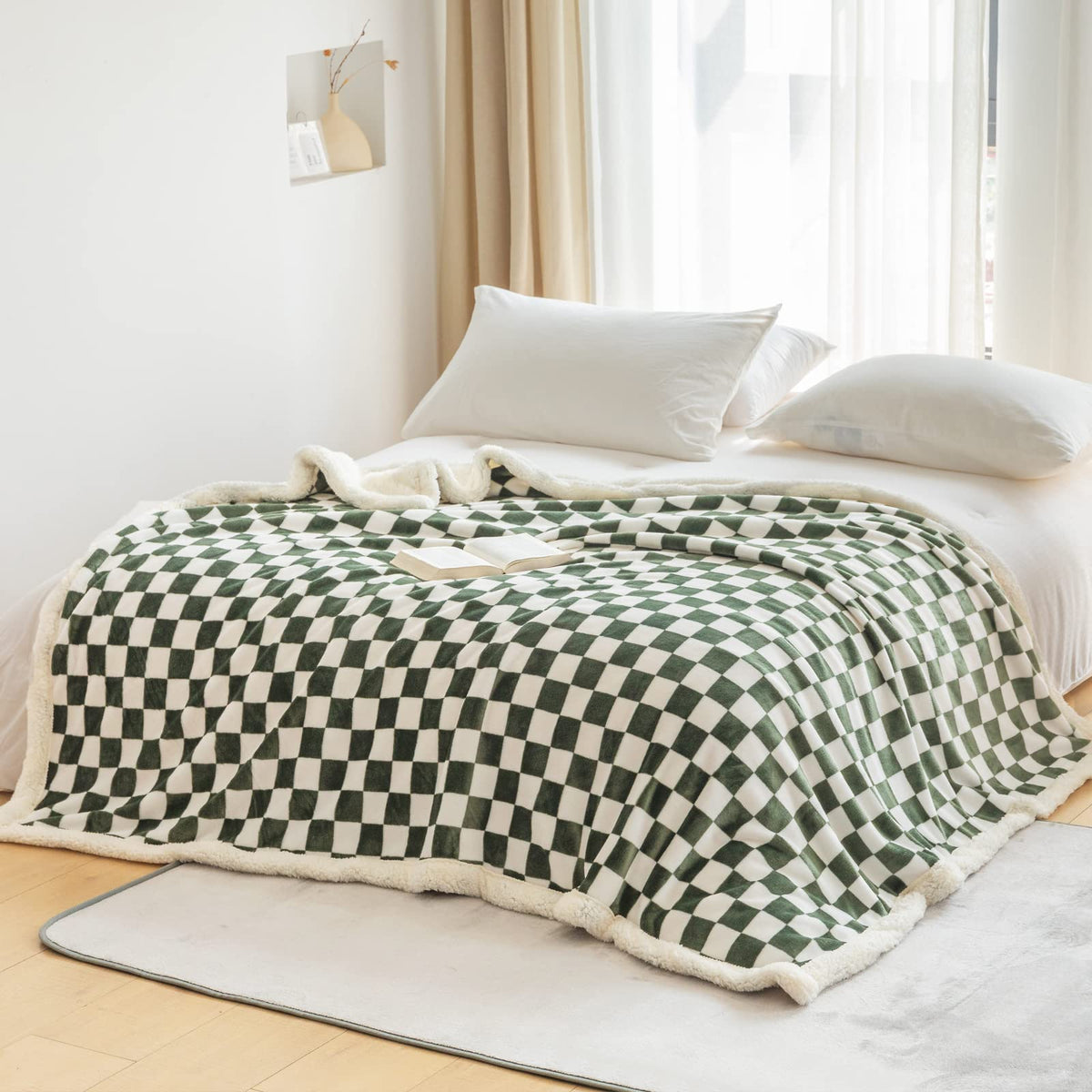 Navy Checkered Sherpa Throw Blanket