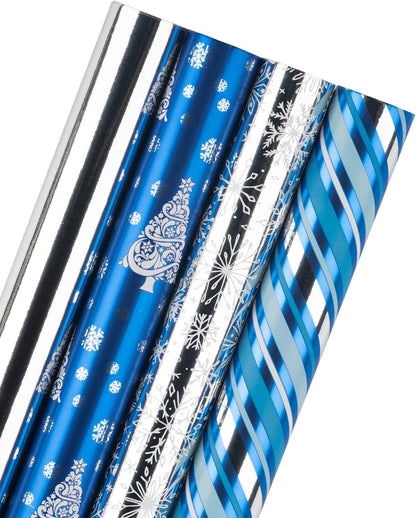 Christmas Wrapping Paper Rolls, Blue and Silver, 4 Rolls