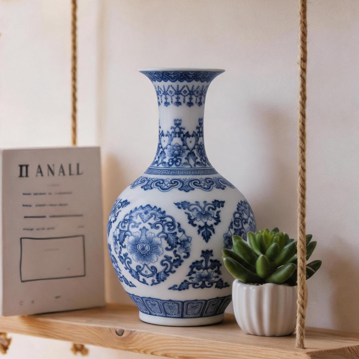 Blue and White Chinoiserie Trumpet Vase, 10 Inch